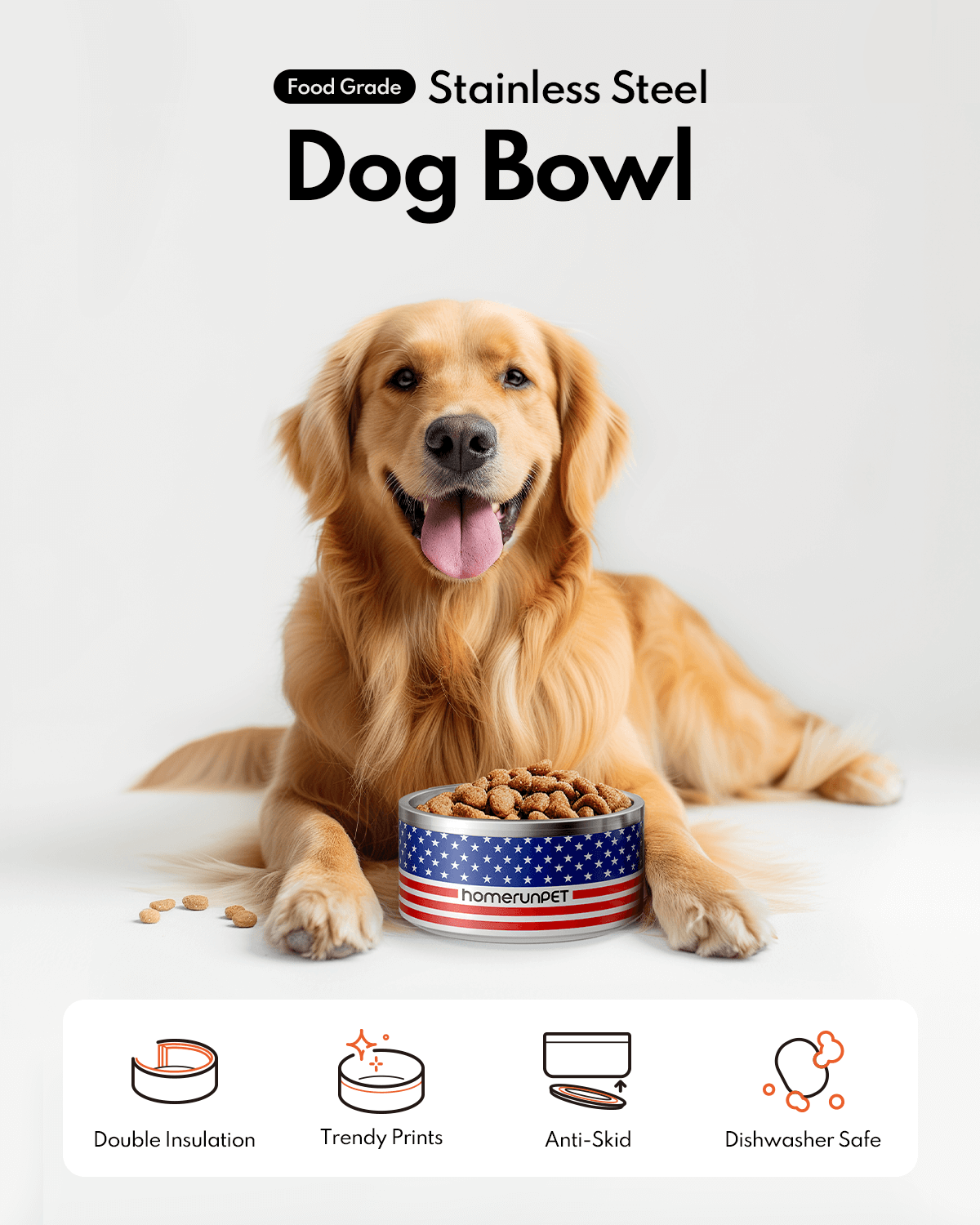 HomerunPET Dog Food Water Insulated Stainless Steel Bowl