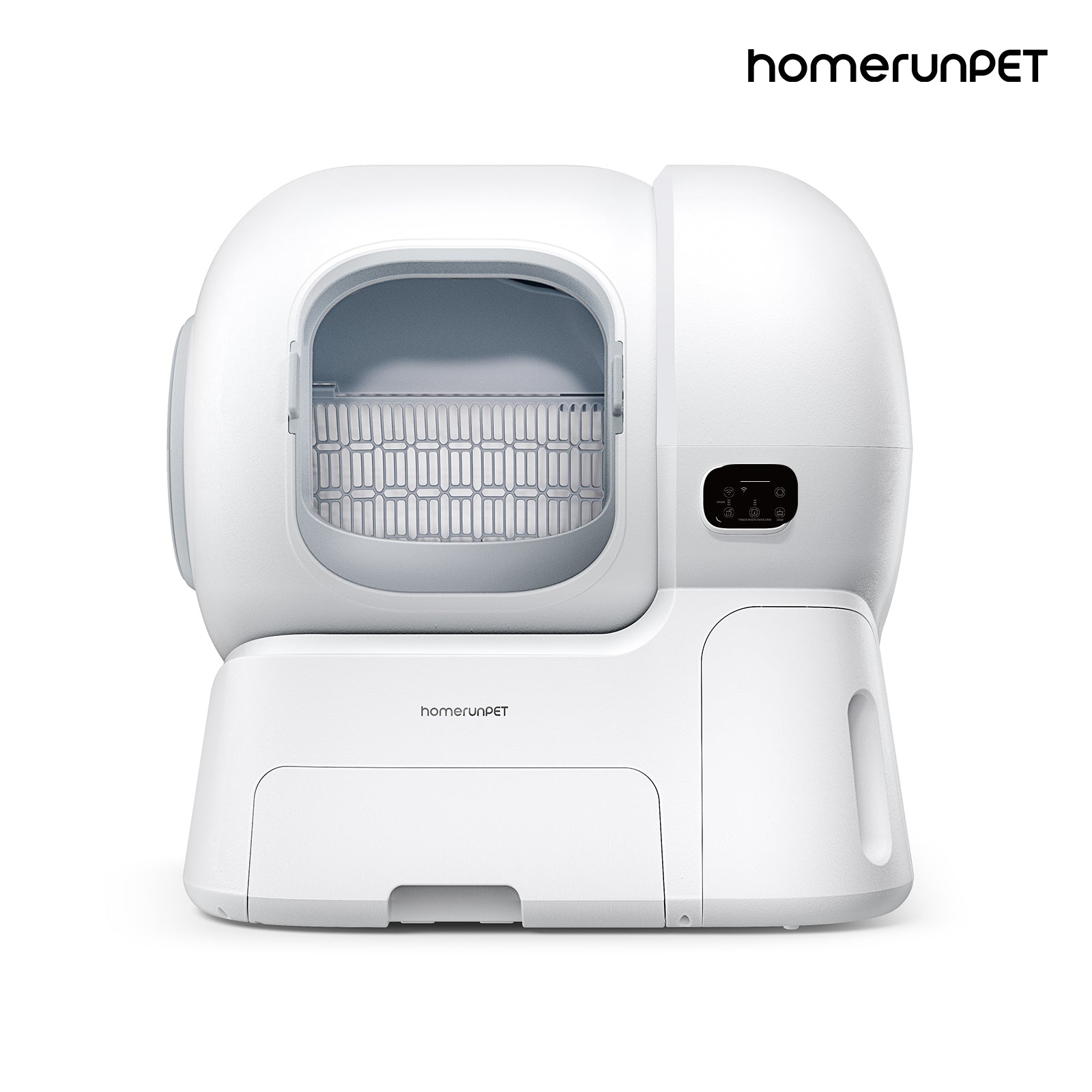 White large self-cleaning litter box with 'homerunPET' branding on a white background