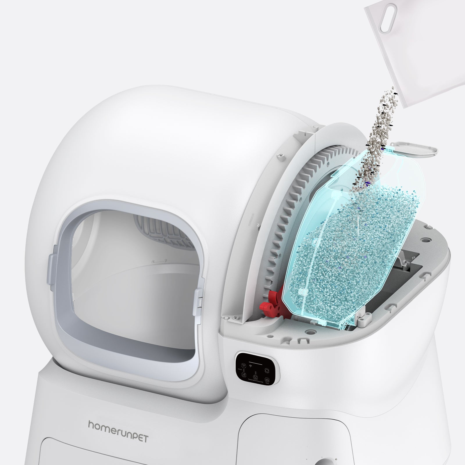 HomerunPET litter box features a cat litter auto refilling function