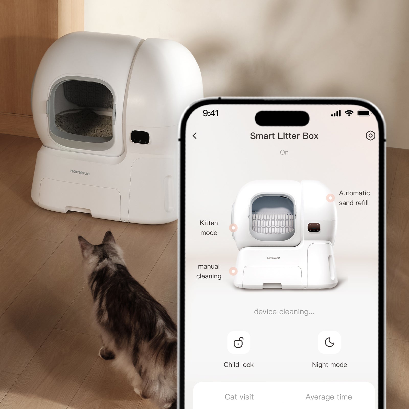 Homerunpet smart litter box with a cat and an app interface on a smartphone.